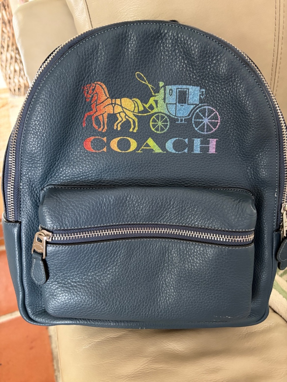 Coach Navy Pebbled Leather Mini Backpack with Rainbow Coach Logo
